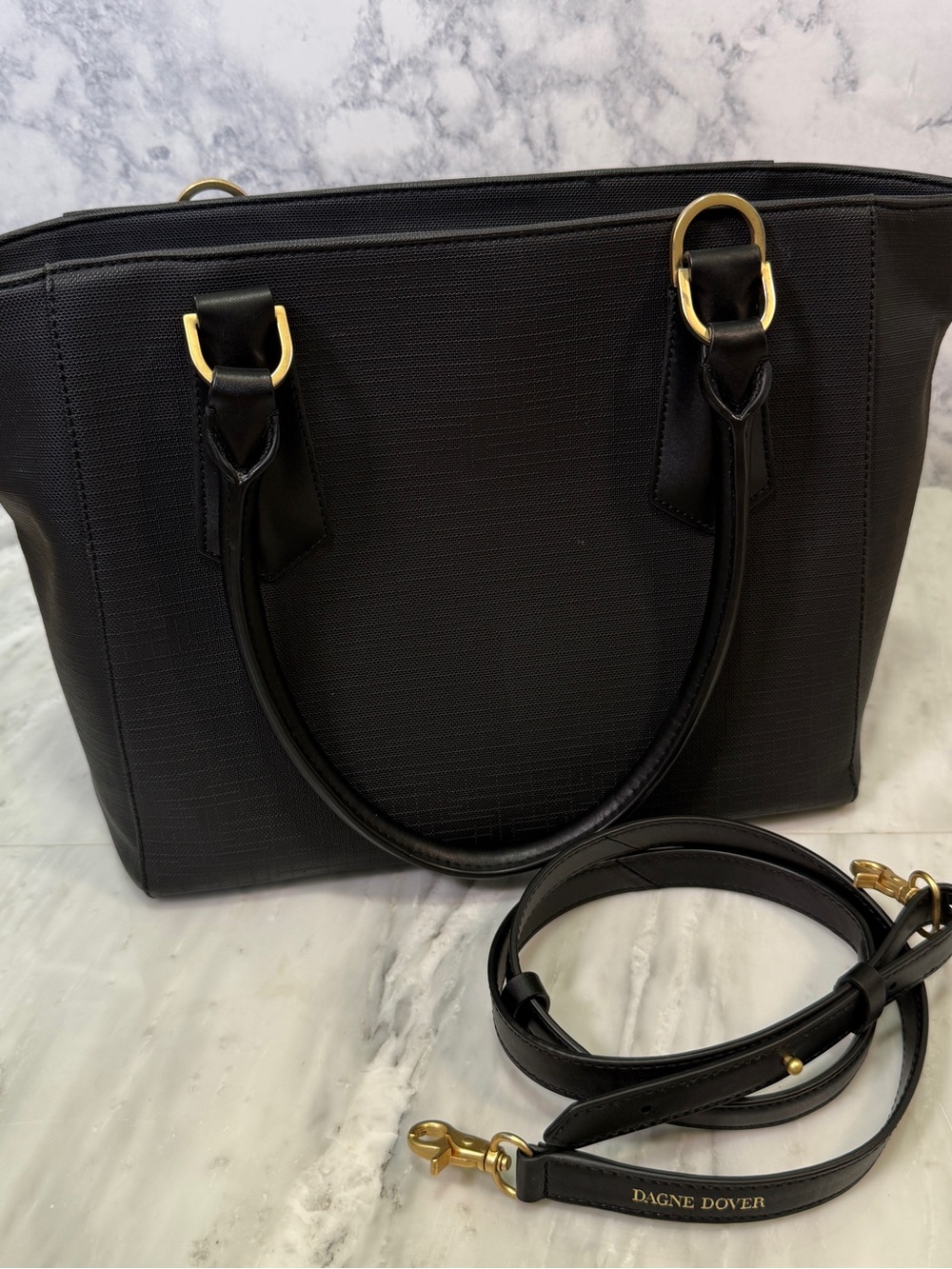 Vintage Dagne Dover Black Midi Tote with Gold Hardware and Detachable Strap
